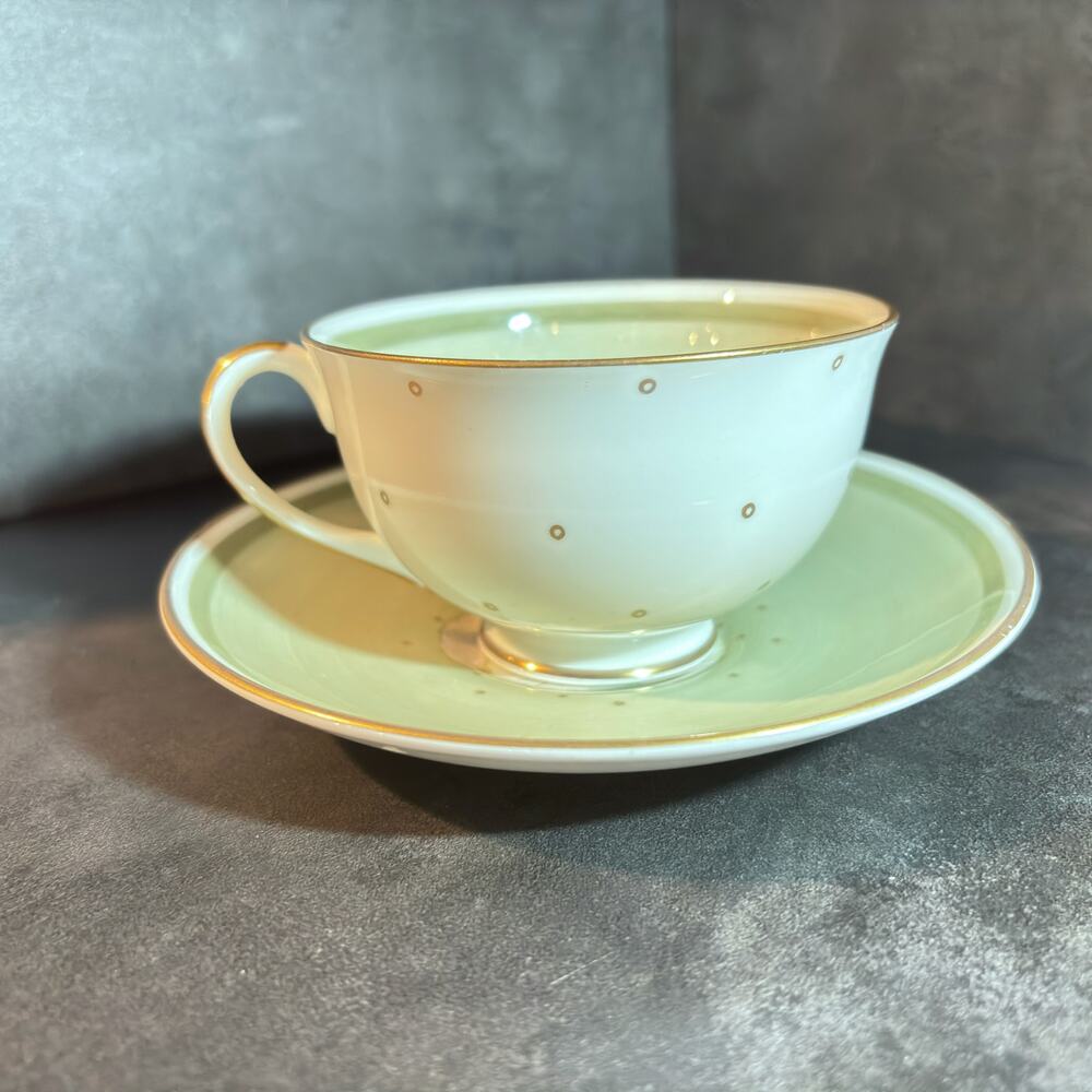 Royal Bayreuth Bavaria Bone China Tea Cup & Saucer Set Green Gold Polka Dot